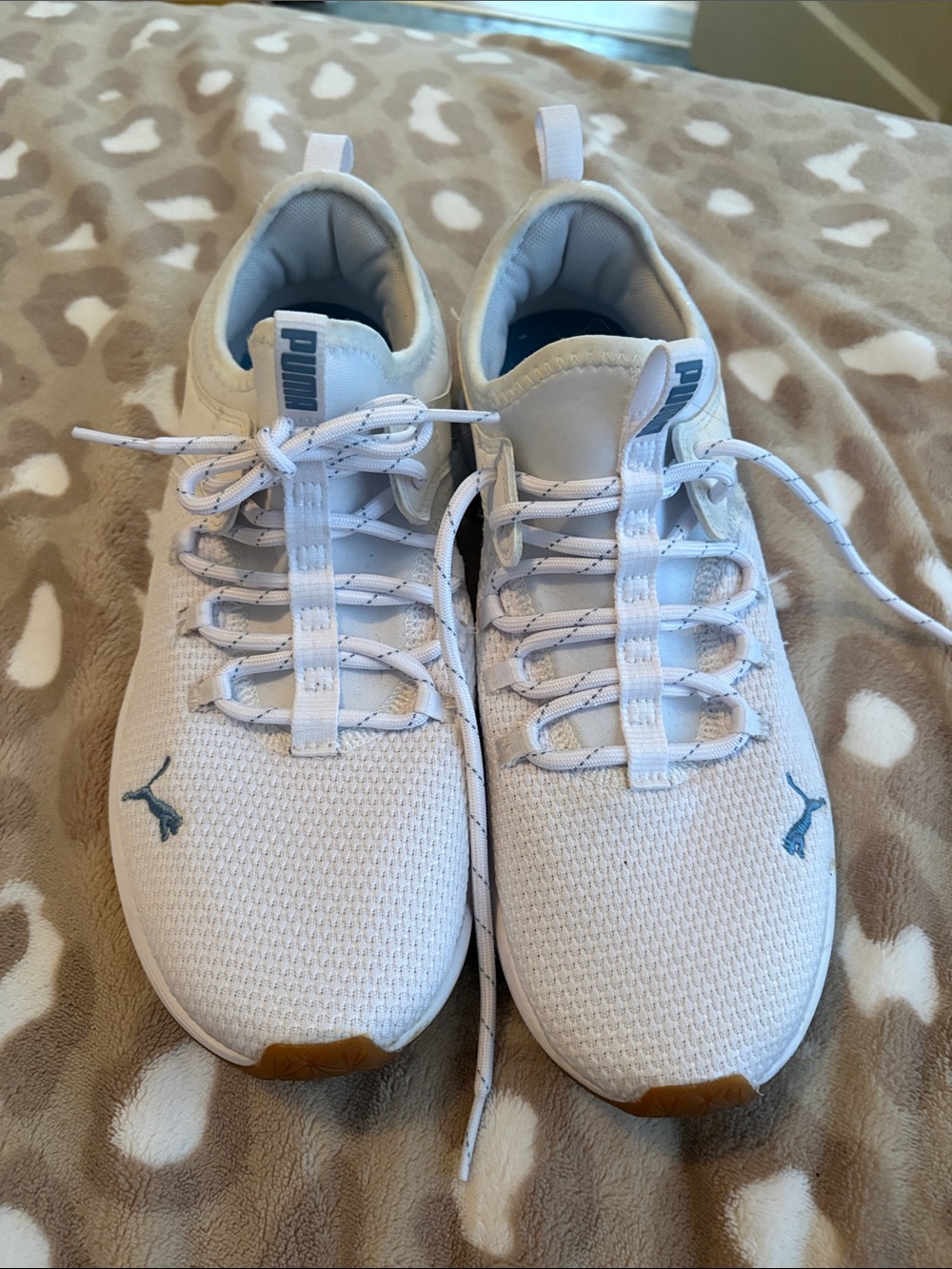 Puma White Knit Sneakers with Light Blue Logo
